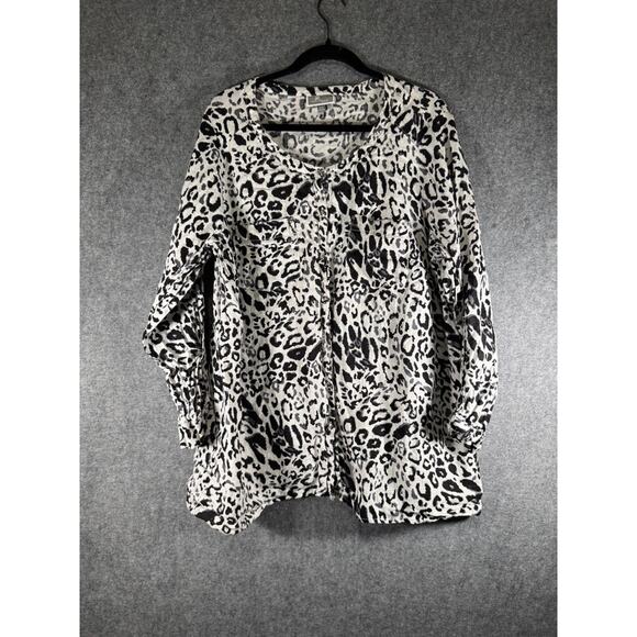 JM Collection Blouse Women 18W Animal Print Linen Long Sleeve Button Front Matur - Picture 1 of 8